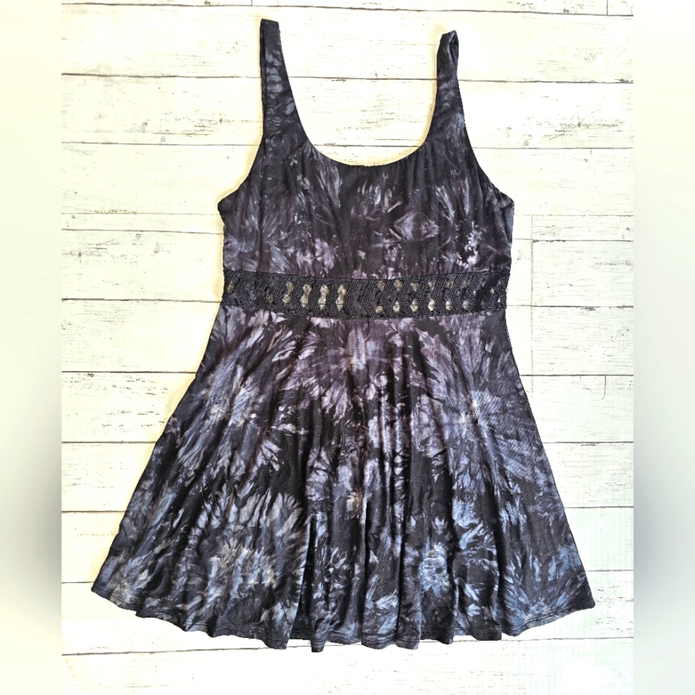 EMPYRE ZUMIEZ Skater Black & Gray Tie Dye Lace Tank Soft Midi Dress Zip up Back